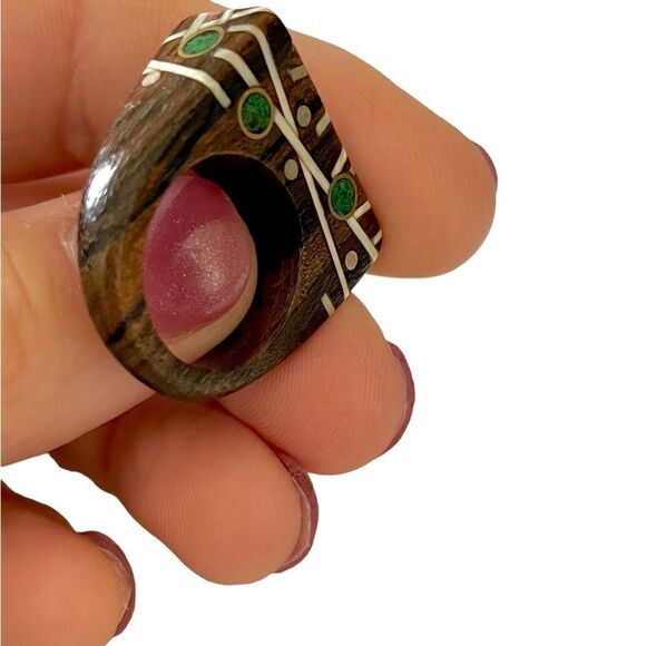 One of a Kind Hand crafted Wood Ring, Green/White Inlays - Picture 4 of 8